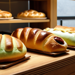 A warm, inviting bakery scene. In the foreground, several golden-brown Soboro-ppang are displayed on a wooden shelf, some with visible fillings like red bean paste and matcha cream. The aroma of freshly baked bread fills the air. Soft, diffused lighting highlights the textures of the pastry. Focus on capturing the comforting and nostalgic essence of a local bakery.