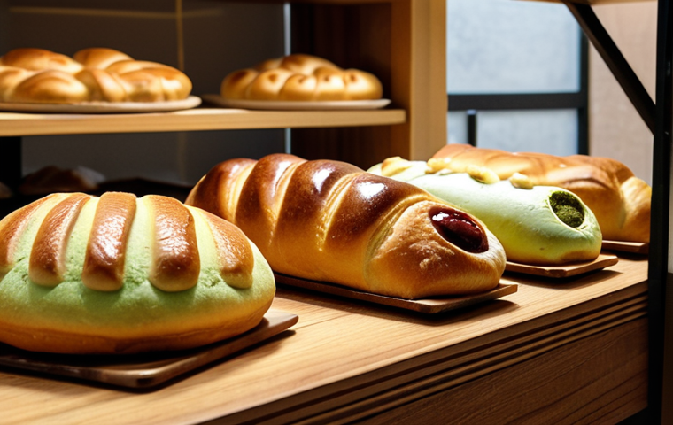A warm, inviting bakery scene. In the foreground, several golden-brown Soboro-ppang are displayed on a wooden shelf, some with visible fillings like red bean paste and matcha cream. The aroma of freshly baked bread fills the air. Soft, diffused lighting highlights the textures of the pastry. Focus on capturing the comforting and nostalgic essence of a local bakery.