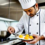 A professional pastry chef, fully clothed in a clean chef's jacket and a modest apron, standing in a brightly lit, spacious modern kitchen. The chef is actively whisking a smooth, rich mixture in a stainless steel bowl, with a focused and natural pose. On the pristine marble countertop, an array of fresh, high-quality ingredients is visible, including vibrant golden egg yolks in a separate bowl and a fragrant whole vanilla bean. The scene emphasizes the art of precision and the dedication required for baking. Perfect anatomy, correct proportions, well-formed hands, proper finger count, natural body proportions. Safe for work, appropriate content, fully clothed, professional, high-resolution photography, sharp focus, natural lighting.