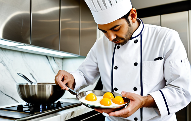 A professional pastry chef, fully clothed in a clean chef's jacket and a modest apron, standing in a brightly lit, spacious modern kitchen. The chef is actively whisking a smooth, rich mixture in a stainless steel bowl, with a focused and natural pose. On the pristine marble countertop, an array of fresh, high-quality ingredients is visible, including vibrant golden egg yolks in a separate bowl and a fragrant whole vanilla bean. The scene emphasizes the art of precision and the dedication required for baking. Perfect anatomy, correct proportions, well-formed hands, proper finger count, natural body proportions. Safe for work, appropriate content, fully clothed, professional, high-resolution photography, sharp focus, natural lighting.