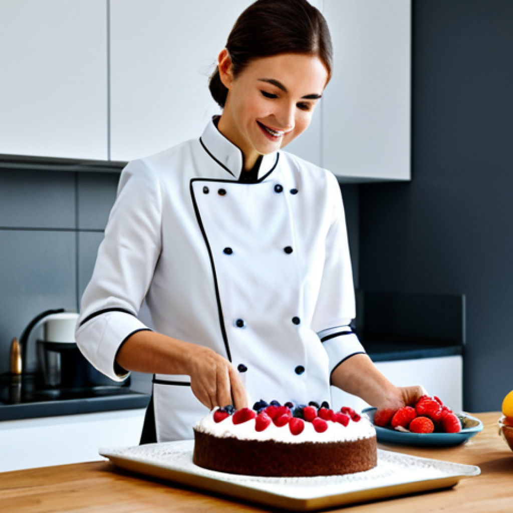 저칼로리 디저트 - **

"A brightly lit modern kitchen, featuring a woman in professional attire, fully clothed, baking ...