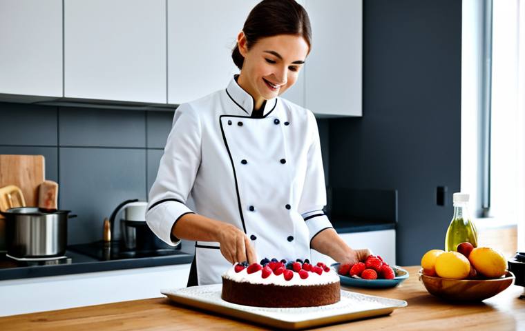 저칼로리 디저트 - **
"A brightly lit modern kitchen, featuring a woman in professional attire, fully clothed, baking ...