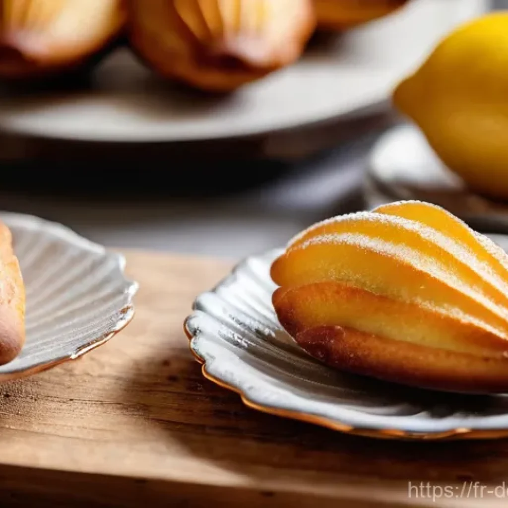 마들렌 만드는 법 - **Prompt:** A close-up, high-angle shot capturing a trio of perfectly baked French madeleines, showc...