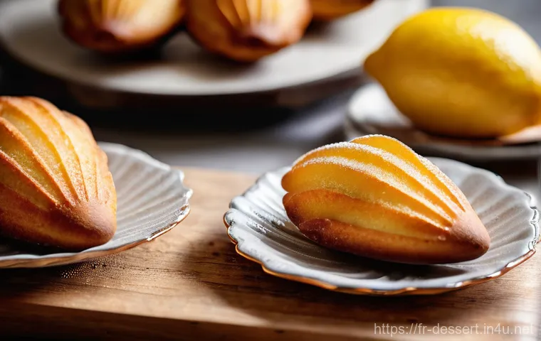 마들렌 만드는 법 - **Prompt:** A close-up, high-angle shot capturing a trio of perfectly baked French madeleines, showc...