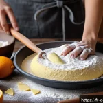 샤브레 만드는 법 - A rustic French kitchen scene featuring a wooden table with fresh sabl&eacute; dough being prepared: a hand...