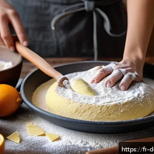 샤브레 만드는 법 - A rustic French kitchen scene featuring a wooden table with fresh sabl&eacute; dough being prepared: a hand...