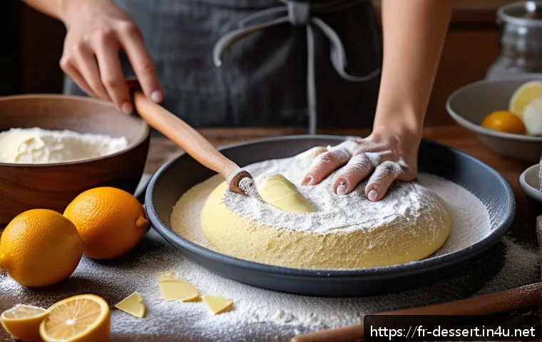 샤브레 만드는 법 - A rustic French kitchen scene featuring a wooden table with fresh sabl&eacute; dough being prepared: a hand...