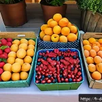 과일 디저트 - A vibrant summer fruit dessert table set outdoors at a French market scene, featuring an assortment ...