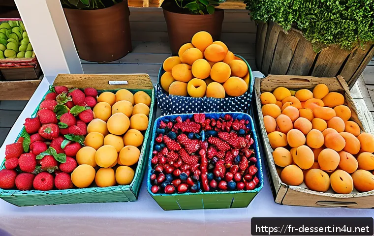 과일 디저트 - A vibrant summer fruit dessert table set outdoors at a French market scene, featuring an assortment ...