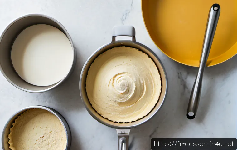 베이킹 도구 사용법 - Photorealistic overhead view of a bright French home kitchen worktop, neatly arranged essential baki...