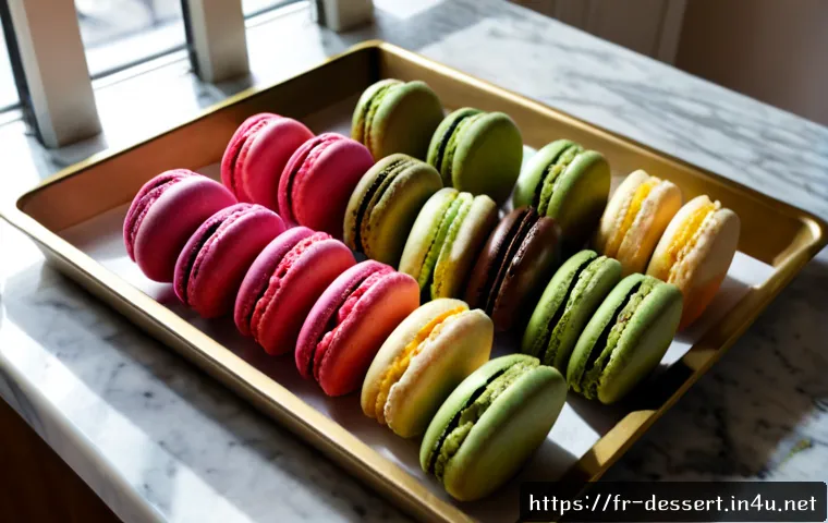 홈메이드 마카롱 만들기 - Photorealistic overhead view of homemade pastel macarons cooling on a parchment-lined baking tray in...