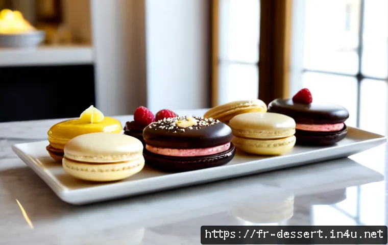 디저트 종류 - Photorealistic French pâtisserie dessert assortment on a white marble table: glossy chocolate éclair...