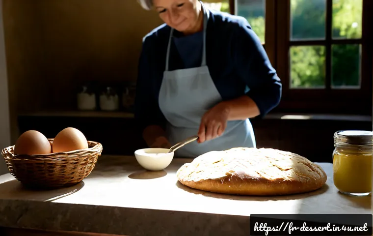 홈베이킹 팁 - Photorealistic French home baking scene, an organized marble kitchen counter with a rustic ceramic m...