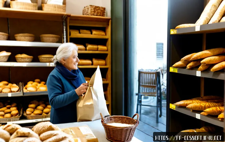 Home 30 유기농 밀가루 구매처 - Photorealistic French organic grocery shop interior, a senior-friendly shopper comparing two plain u...